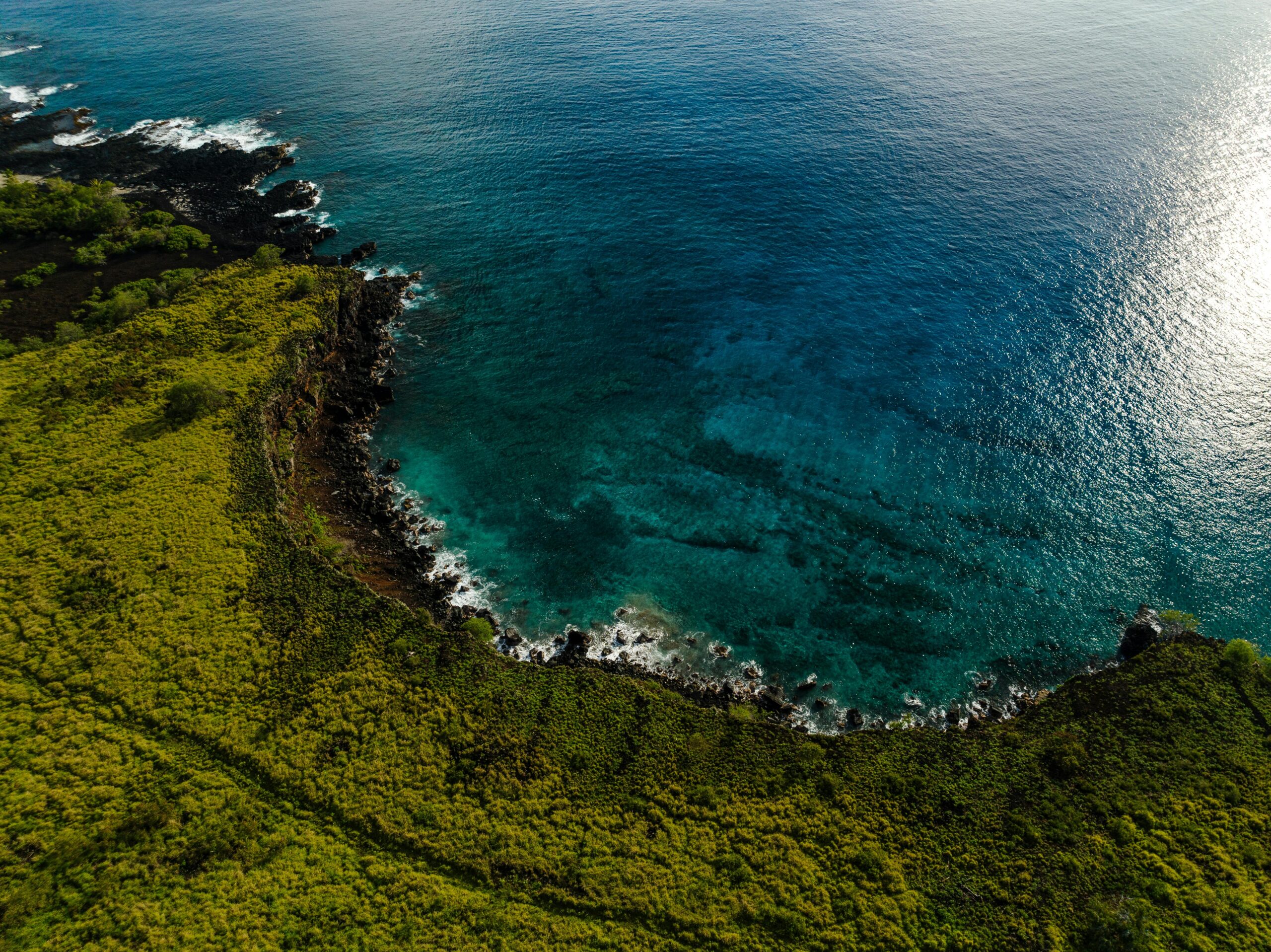 Stunning aerial view of Hawaii's Honaunau-Napoopoo coastline with vibrant ocean and lush greenery.